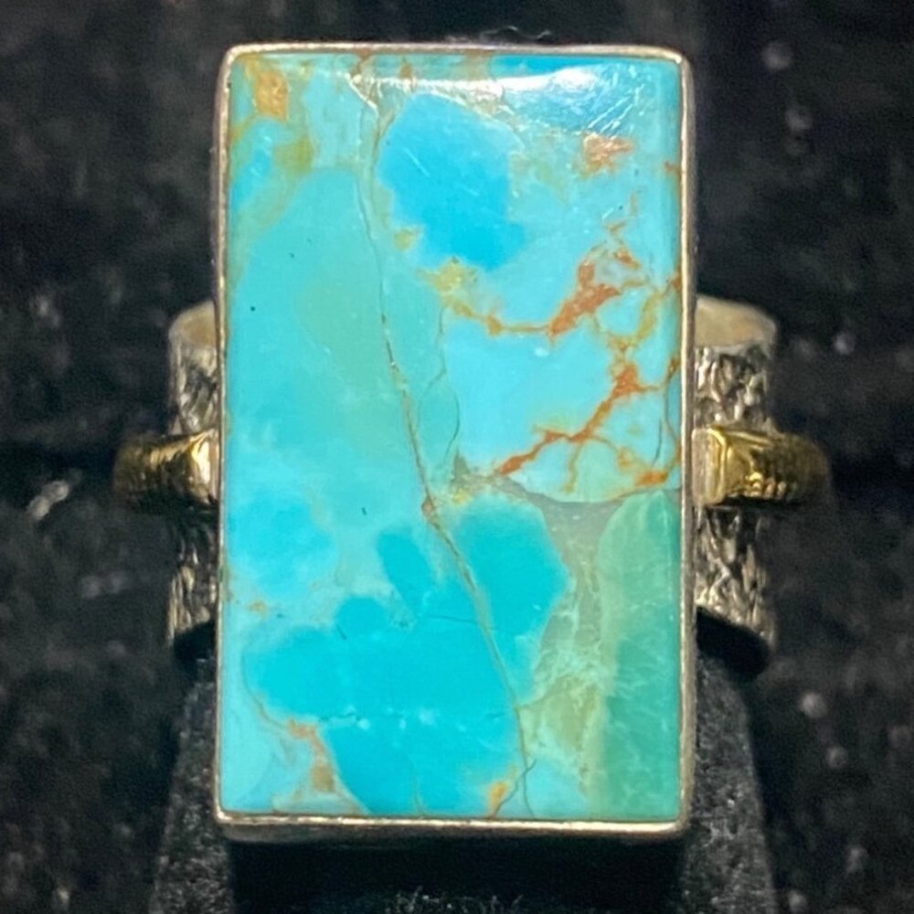 Ring Turquoise Size 6 20mm x 12mm Sterling Silver Stamped 925 Gold-Tone Accent R